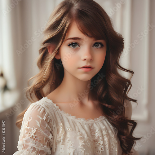 Melancolía y Belleza: Mujer con Cabello Castaño en Estilo Retro photo