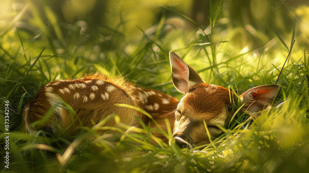 Baby fawn deer with spots sleeping safely in the tall green grass Baby fawn deer with spots sleeping safely in the tall green grass