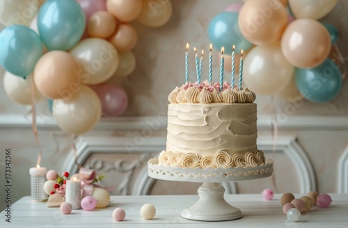 Birthday Cake With Candles and Balloons in a White Room