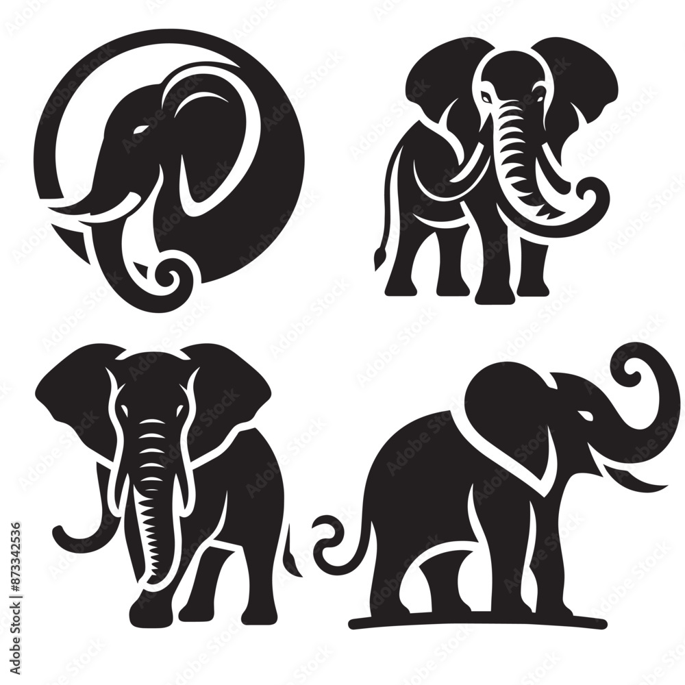 Fototapeta premium 4 sets black of elephants silhouette isolated on white background PNG joeg eps transparent illustrated