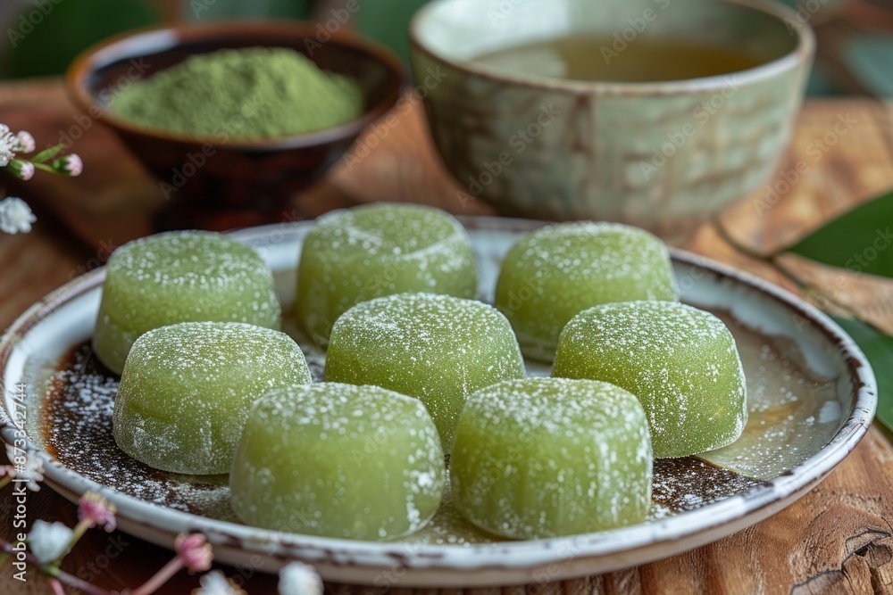 A close-up of a plate of round mochi matcha with a cup of matcha tea in the background. mochi matcha, Matcha dessert, Matcha sweets, matcha candy A close-up of a plate of round mochi matcha with a cup of matcha tea in the background. mochi matcha, Matcha dessert, Matcha sweets, matcha candy