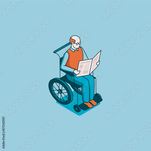 isometric vector old man in a wheelchair reading a newspaper, in color on a blue background, old age or disabled person