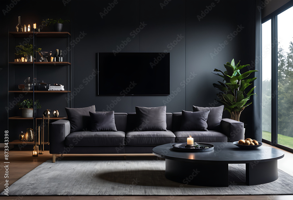 Modern, minimalist living room with a bold black color scheme, sleek furniture, and expansive windows showcasing natural light and greenery. Modern, minimalist living room with a bold black color scheme, sleek furniture, and expansive windows showcasing natural light and greenery.