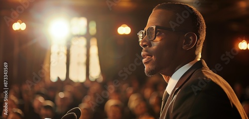 Man Speaking at a Formal Event in a Grand Hall