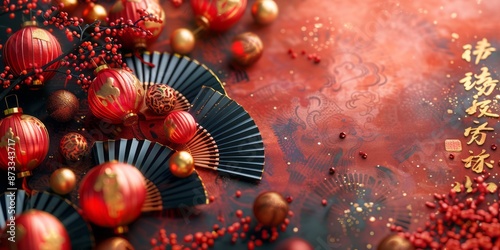 Chinese New Year Lanterns and Fans on Red Background with Character Calligraphy photo