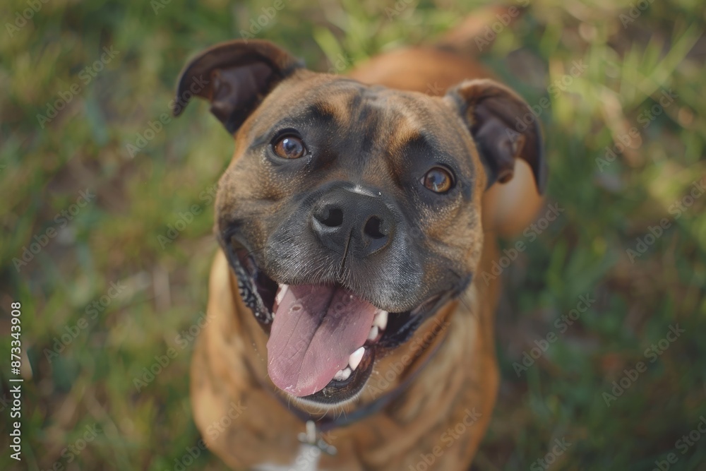 A happy boxer dog with a wide grin and tongue out, looking directly at the camera against a blurry green background. A happy boxer dog with a wide grin and tongue out, looking directly at the camera against a blurry green background.