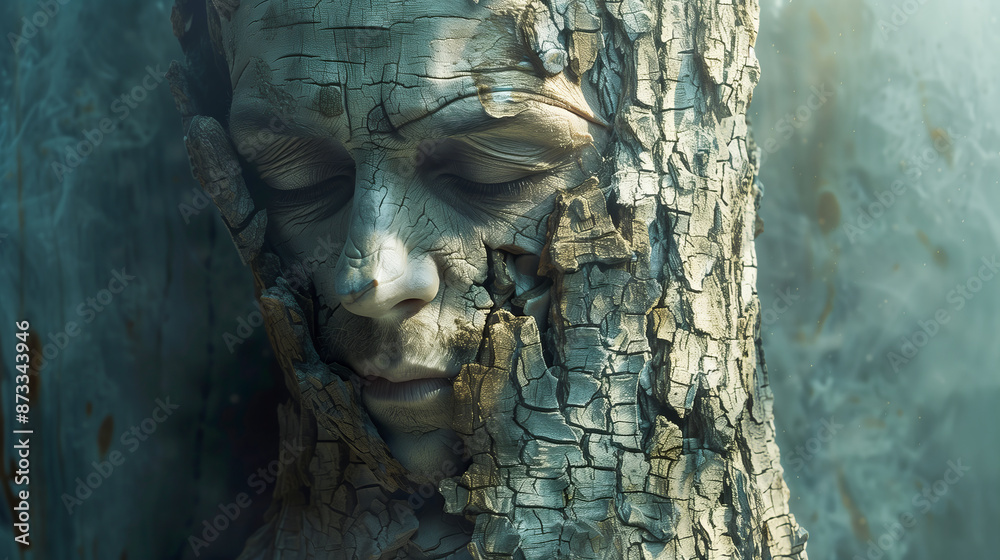 A face carved into the bark of an old tree, the skin is cracked and weathered A face carved into the bark of an old tree, the skin is cracked and weathered