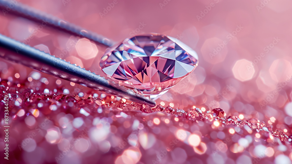 A pink diamond is being held by forceps, with glittering diamonds in the background A pink diamond is being held by forceps, with glittering diamonds in the background