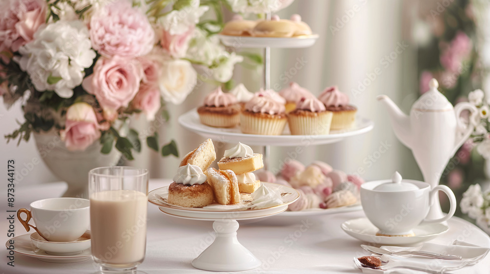 Beautifully Decorated High Tea Table with Fresh Pastries Flowers Beautifully Decorated High Tea Table with Fresh Pastries Flowers