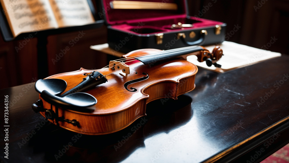 Fototapeta premium Classical Violin on a Music Stand with Sheet Music