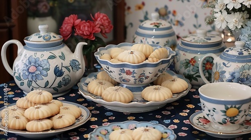  A table adorned with blue and white dishware, including cups, saucers, and a vase containing white pumpkins