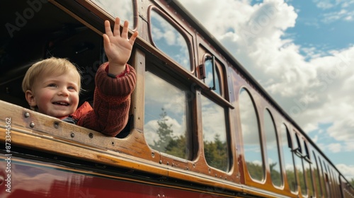 Joyful Child Waving from Vintage Bus on Sunny Day