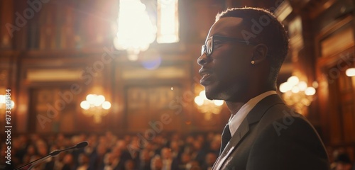 Man Speaking at a Formal Event in a Grand Hall
