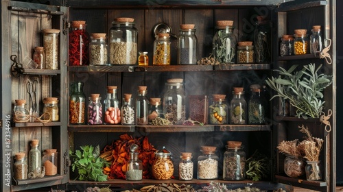Vintage Kitchen Pantry Shelves Stocked with Jars of Spices and Herbs