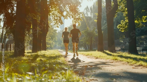Fototapeta Naklejka Na Ścianę i Meble -  Happy athletic couple jogging in park during sunny day