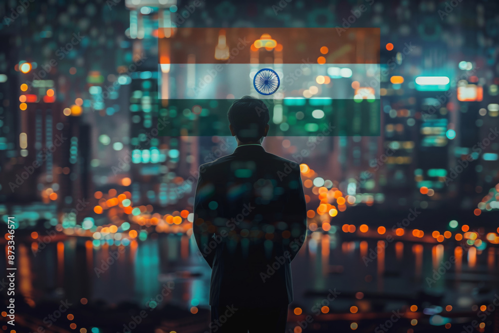 A Businessman Gazes at the Glittering Cityscape of India Under the Indian Flag