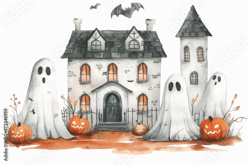 A detailed handdrawn watercolor scene of a spooky but cute haunted house with playful ghosts and pumpkins photo