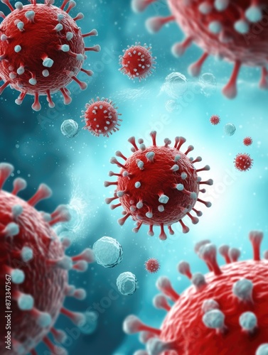 A close up of a bunch of red and white viruses. The viruses are floating in the air and are surrounded by a blue background. Scene is ominous and foreboding, as the viruses seem to be spreading © vefimov