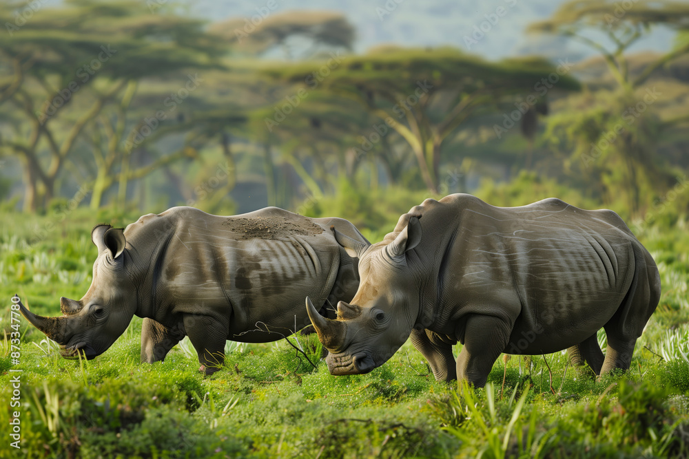 Fototapeta premium Two White Rhinos Graze in a Lush African Meadow