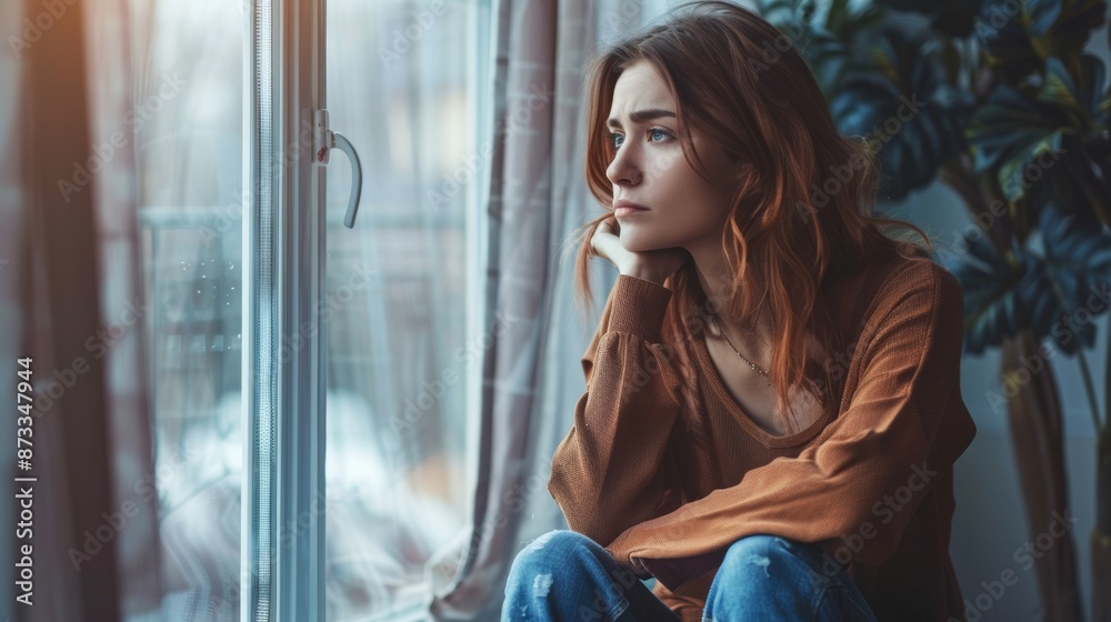 Despondent woman on window sill, looking out window, feeling isolated and hopeless