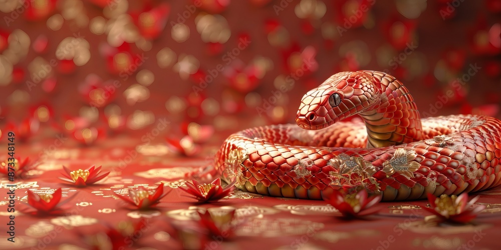 Vivid Red Snake Amidst Red Floral Patterns with a Golden Accent