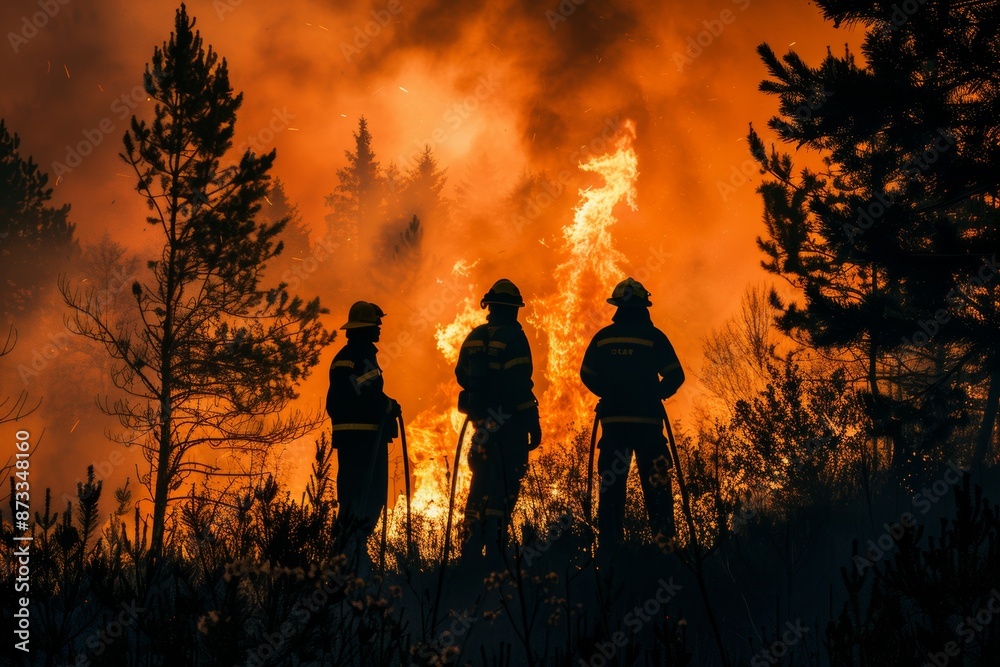 Fototapeta premium Silhouettes of three firemen view from behind with fire in forest as background. First responders at wildfire in action. 
