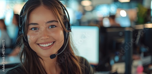 Young Woman Wearing Headphones and Smiling in an Office Setting