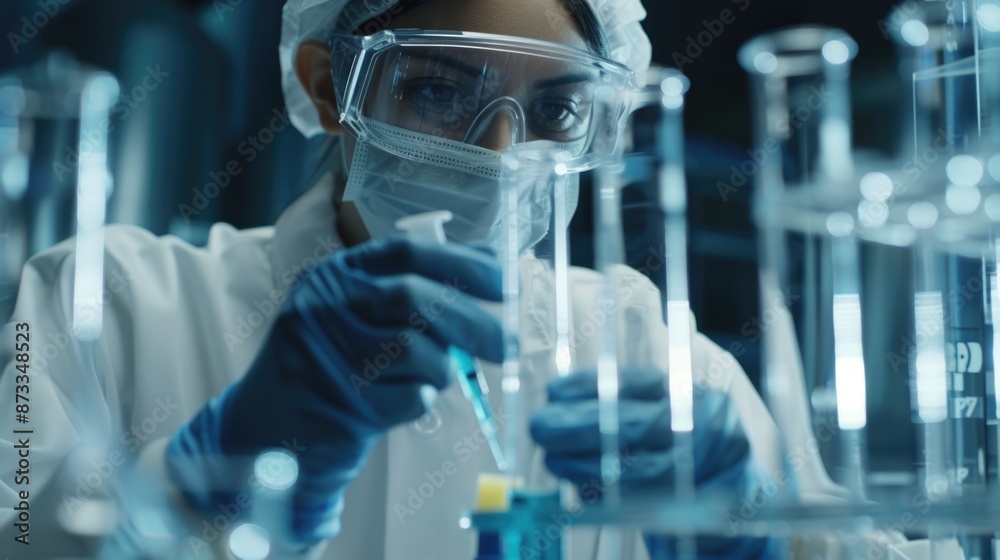 A woman in a lab coat is wearing a mask and gloves as she works with a syringe