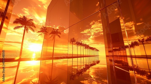 Surreal Sunset Reflections with Tropical Palms and Modern Architecture