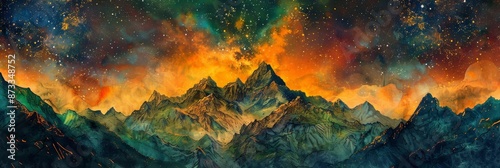 Dreamy starry sky with fantastical cloud formations in vibrant,psychedelic colors hovering above an enchanting mountain landscape in a serene. - Dreamy starry sky with fantastical cloud formations in 