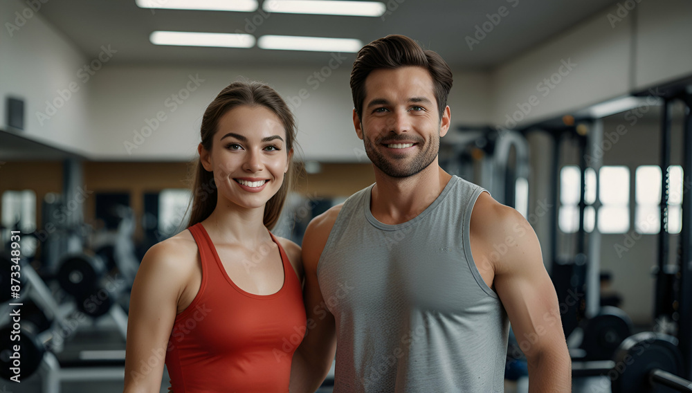 Obraz premium Happy couple of athletes coming to sports training in health club, Generative AI