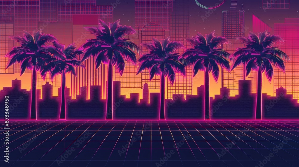 Fototapeta premium Surreal Retro-Futurism Cityscape with Neon Palms