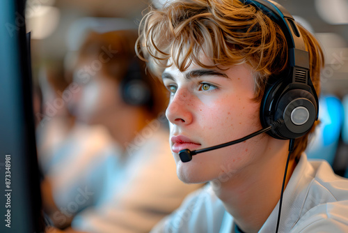 Portrait of a handsome young woman in her 20s working in a call center. He is looking at the screen while working. Generative Ai.