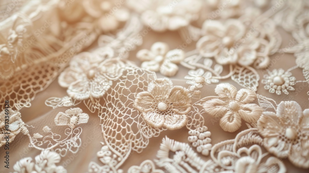 A close-up of lace applique on a piece of fabric, emphasizing the delicate patterns and fine details created by skilled artisans.