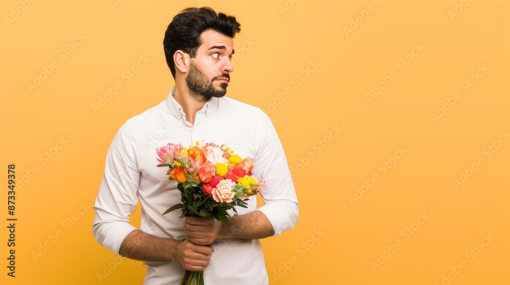 Pensive Man Holding Bouquet Against Yellow Background Pensive Man Holding Bouquet Against Yellow Background