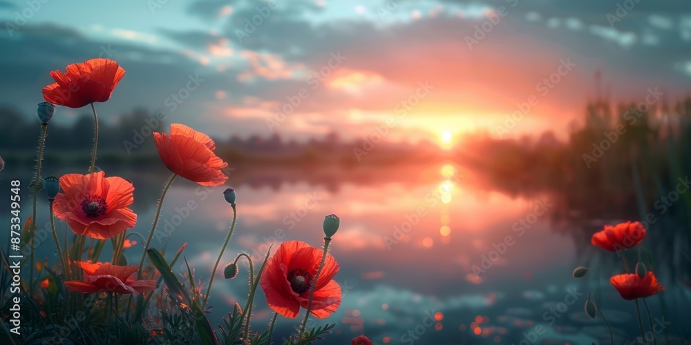 Obraz premium Serene Sunset Over Lake with Vibrant Poppies