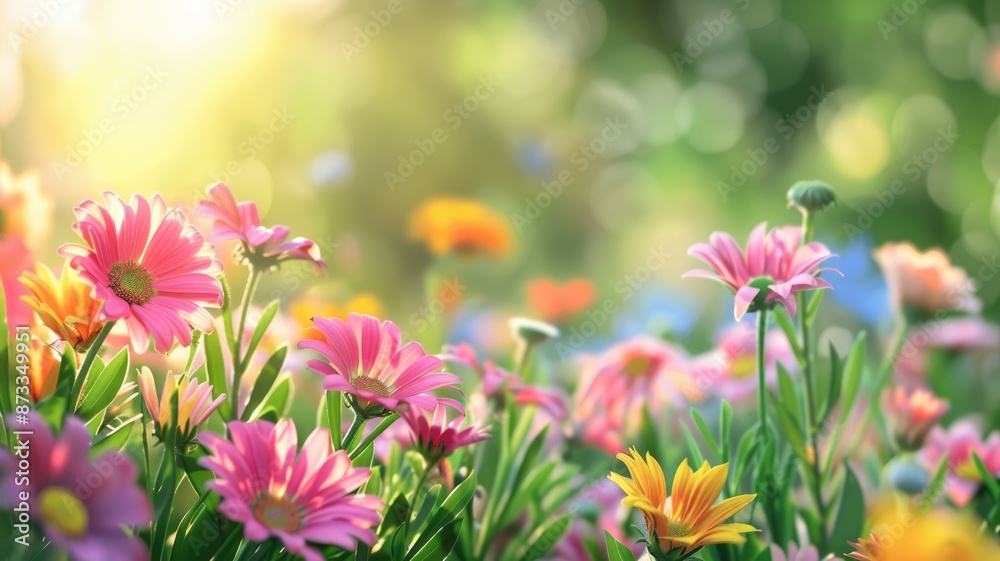 Bright, colorful flowers in a garden basking in sunlight with a soft bokeh background. Bright, colorful flowers in a garden basking in sunlight with a soft bokeh background.