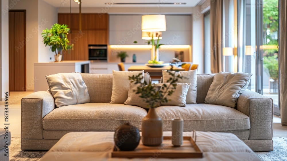 Inviting living room with soft lighting, a comfortable sofa, and modern decor, creating a warm and welcoming atmosphere.