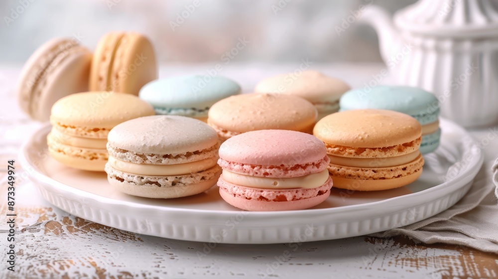 A selection of delicate French macarons in pastel colors, arranged neatly on a white porcelain plate, showcasing their smooth texture and exquisite flavors. A selection of delicate French macarons in pastel colors, arranged neatly on a white porcelain plate, showcasing their smooth texture and exquisite flavors.