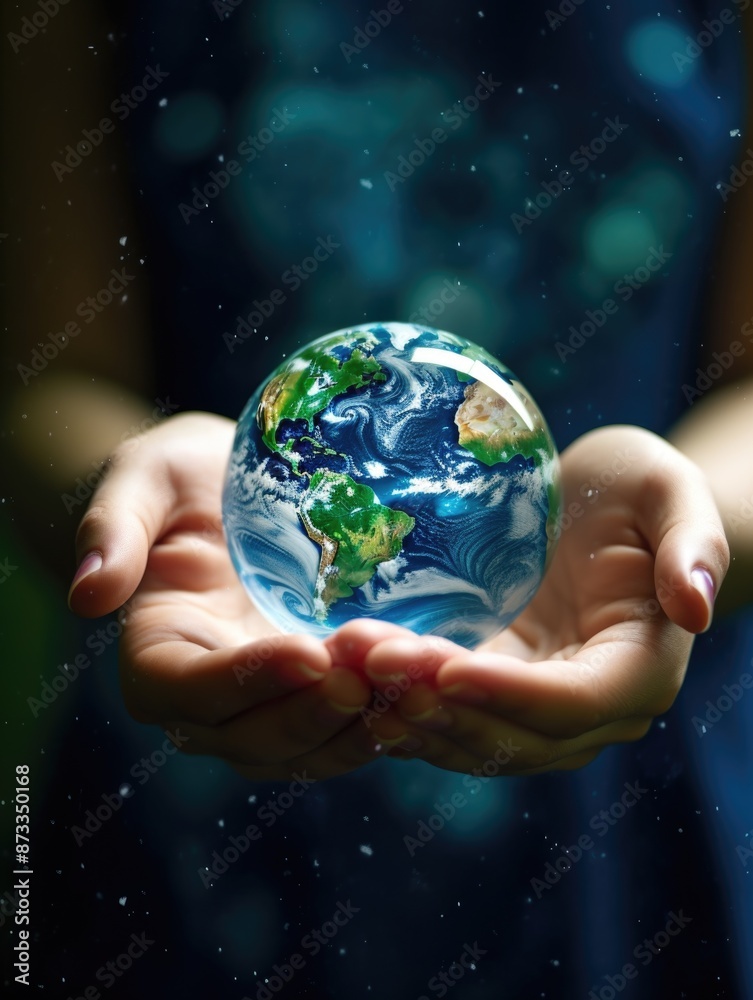 A person is holding a globe in their hand. The globe is made of glass and is filled with water. The person is wearing a blue dress A person is holding a globe in their hand. The globe is made of glass and is filled with water. The person is wearing a blue dress
