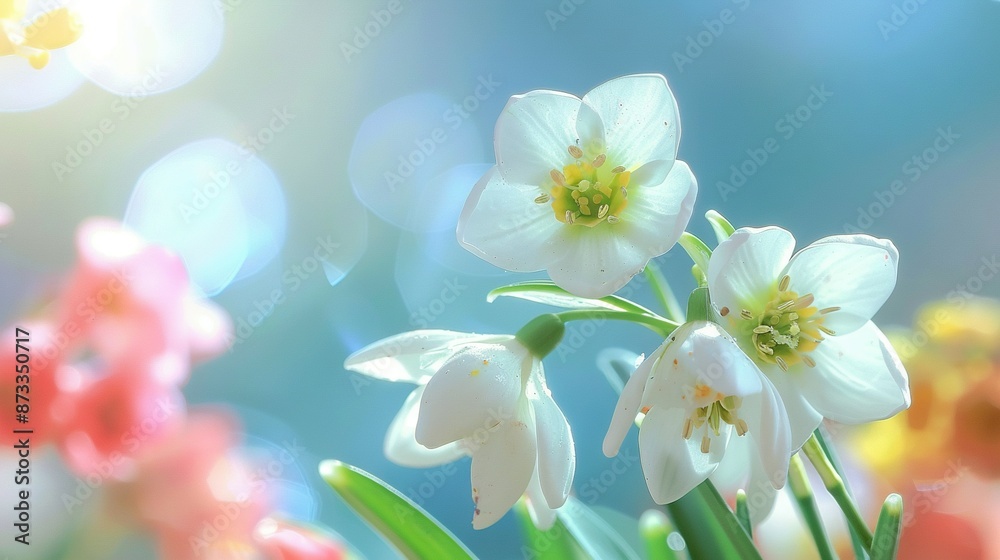  A field of verdant green grass cradles a cluster of pristine white blossoms beneath a radiant azure sky