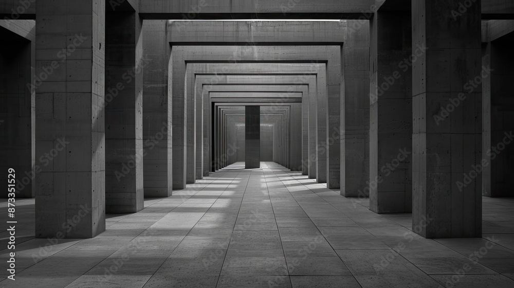 Obraz premium A long corridor lined with concrete pillars, sunlight casting shadows on the floor, highlighting the architectural details