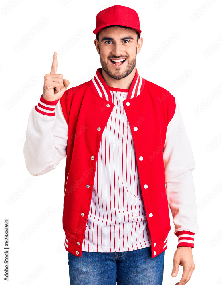 Young handsome man wearing baseball jacket and cap pointing finger up with successful idea. exited and happy. number one. Young handsome man wearing baseball jacket and cap pointing finger up with successful idea. exited and happy. number one.