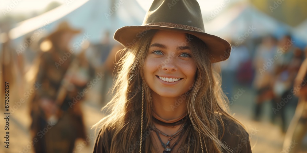 Woman wearing a hat and smiling at a music festival with tents in the background Woman wearing a hat and smiling at a music festival with tents in the background