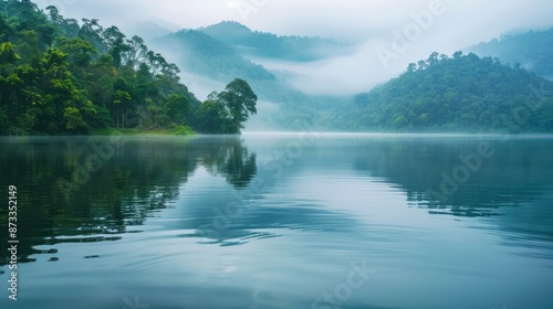 A serene lake with reflection