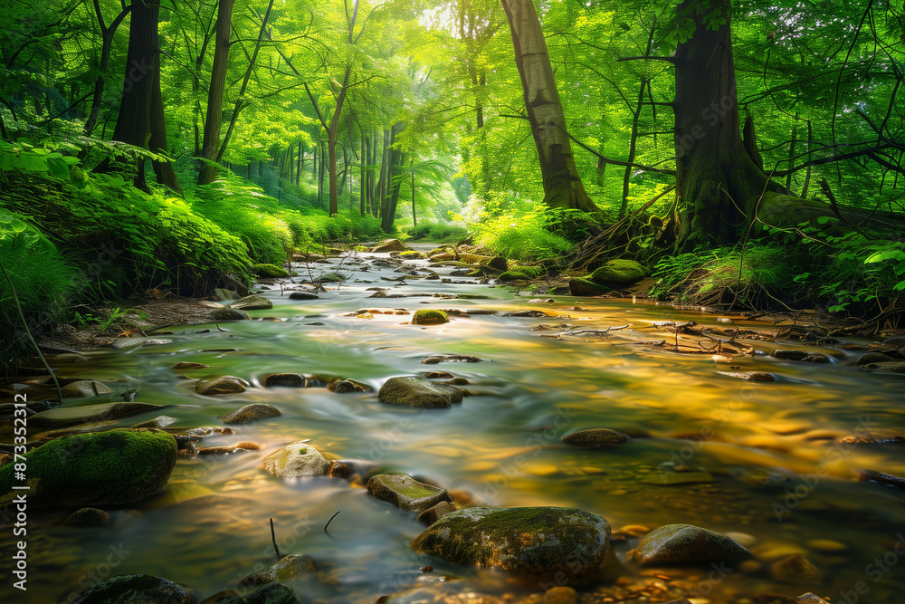 A Serene Woodland Stream Flowing over a Rocky Bed, Illuminated by Sunlight through Verdant Trees in a Lush Forest, Creating a Peaceful and Tranquil Nature Scene A Serene Woodland Stream Flowing over a Rocky Bed, Illuminated by Sunlight through Verdant Trees in a Lush Forest, Creating a Peaceful and Tranquil Nature Scene