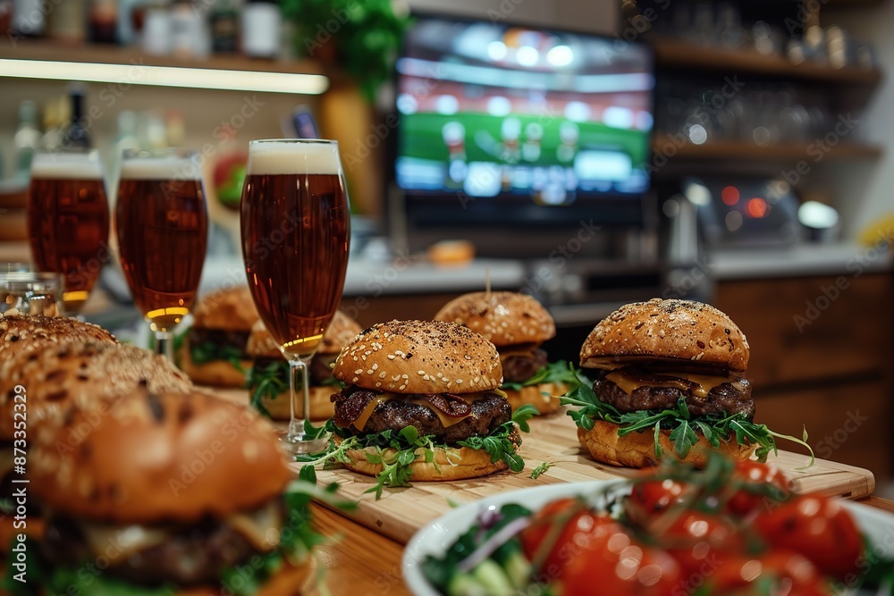 Burgers, French fries and beer in the bar against the background of a TV showing a football match. Burgers, French fries and beer in the bar against the background of a TV showing a football match.
