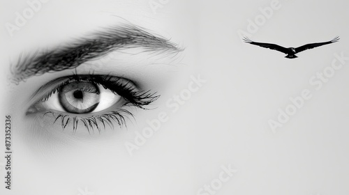 A close-up black and white photo of a woman's eye looking to the right side of the frame, where a black eagle flies high in the sky photo