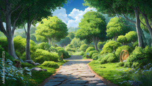 A stone path weaving through a lush, verdant park teeming with trees anime style © idris