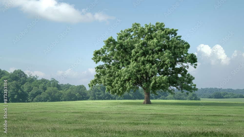 A large, leafy tree stands alone in the middle of a grassy meadow, with a line of trees in the distance. The sky is blue with white clouds A large, leafy tree stands alone in the middle of a grassy meadow, with a line of trees in the distance. The sky is blue with white clouds